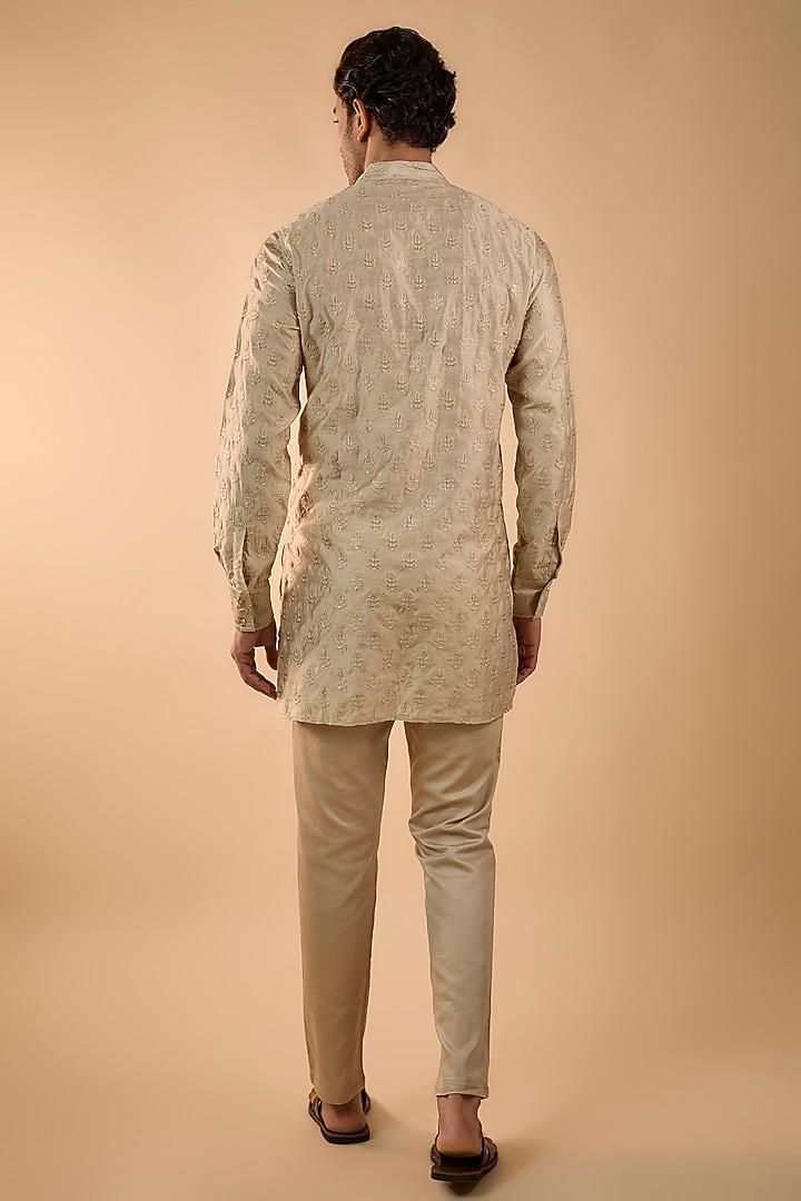 Beige Blended Silk Embroidered Kurta Set by Spring Break Men at Pernia's Pop Up Shop