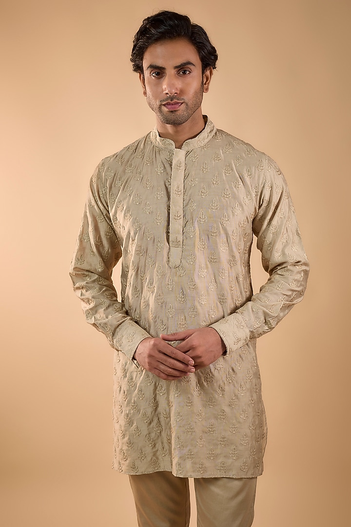 Beige Blended Silk Embroidered Kurta Set by Spring Break Men at Pernia's Pop Up Shop