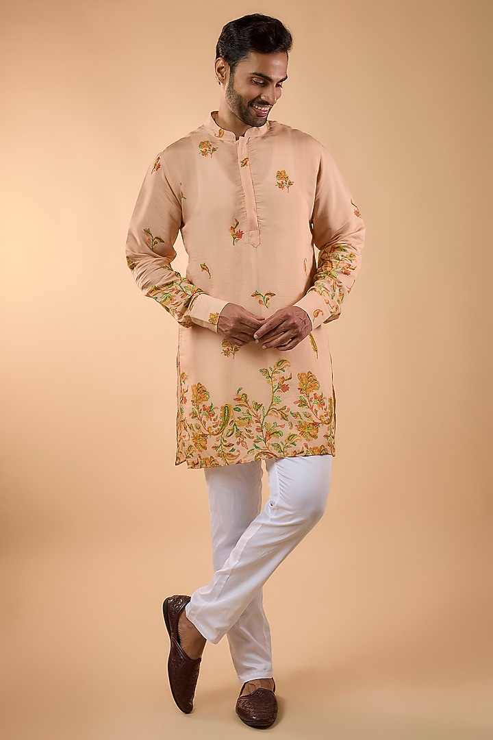 Peach Blended Silk Printed Kurta Set by Spring Break Men at Pernia's Pop Up Shop
