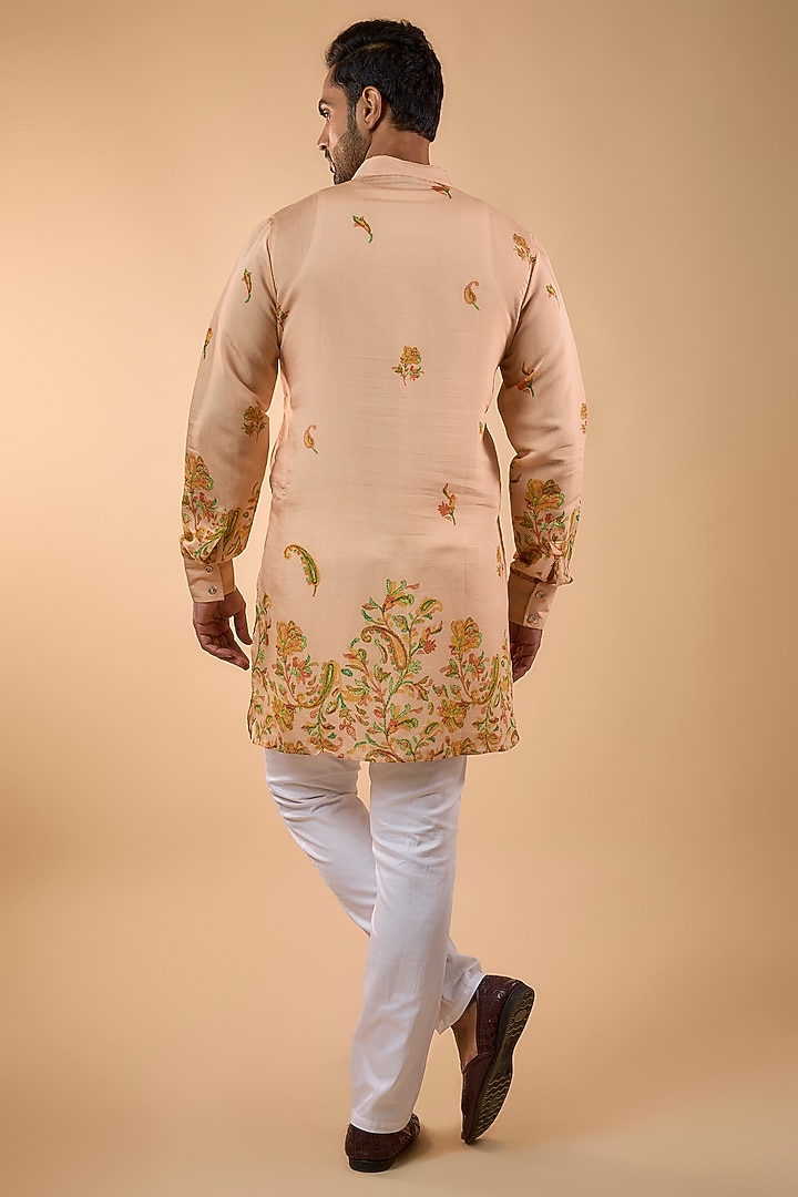 Peach Blended Silk Printed Kurta Set by Spring Break Men at Pernia's Pop Up Shop