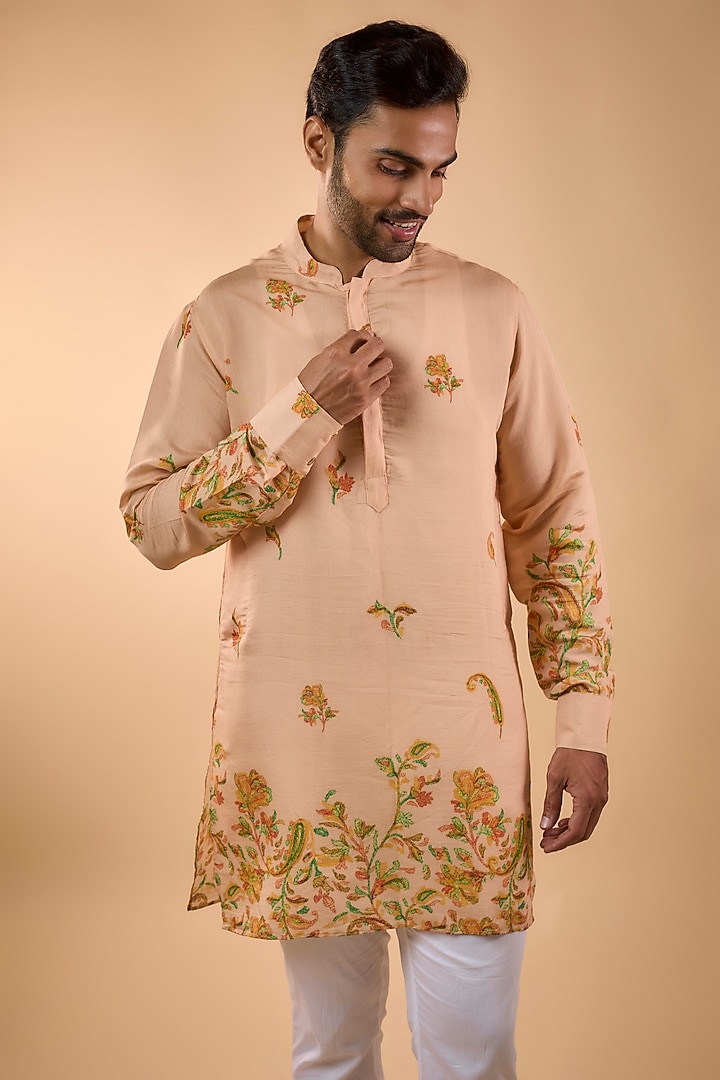 Peach Blended Silk Printed Kurta Set by Spring Break Men at Pernia's Pop Up Shop