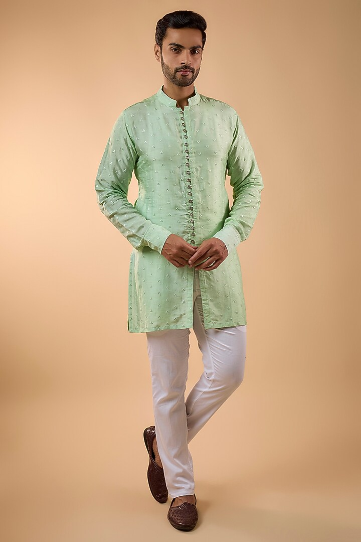Mint Green Blended Silk Embroidered Kurta Set by Spring Break Men at Pernia's Pop Up Shop