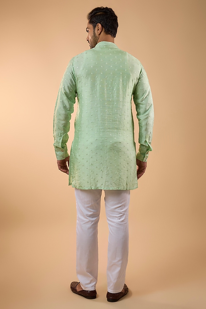 Mint Green Blended Silk Embroidered Kurta Set by Spring Break Men at Pernia's Pop Up Shop