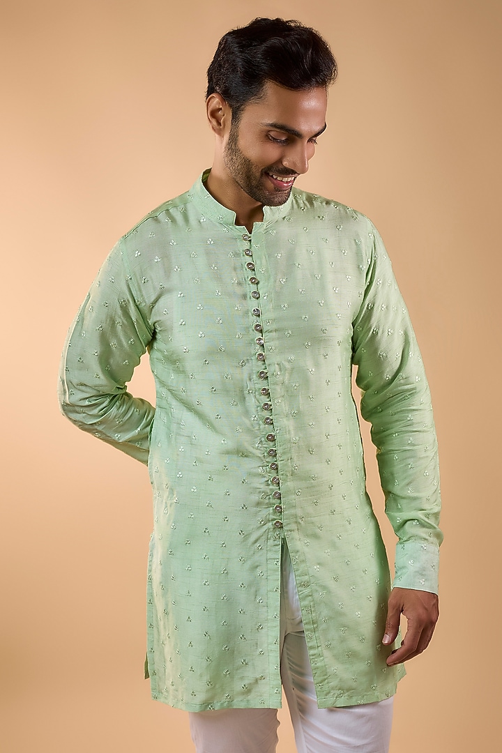 Mint Green Blended Silk Embroidered Kurta Set by Spring Break Men at Pernia's Pop Up Shop