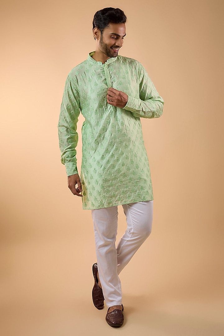 Mint Green Blended Silk Embroidered Kurta Set by Spring Break Men at Pernia's Pop Up Shop