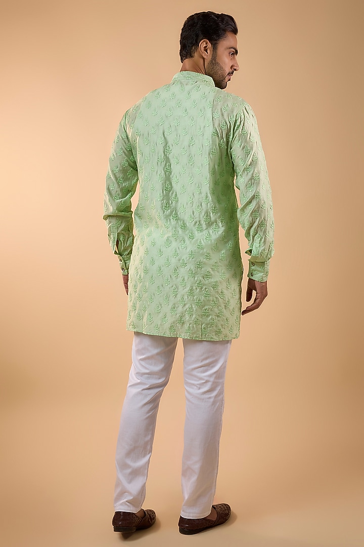 Mint Green Blended Silk Embroidered Kurta Set by Spring Break Men at Pernia's Pop Up Shop