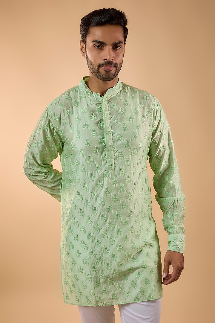 Mint Green Blended Silk Embroidered Kurta Set by Spring Break Men at Pernia's Pop Up Shop