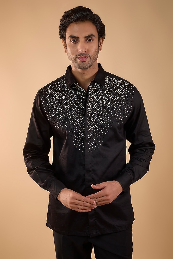 Black Cotton Satin Hand Work Party Wear Shirt by Spring Break Men at Pernia's Pop Up Shop