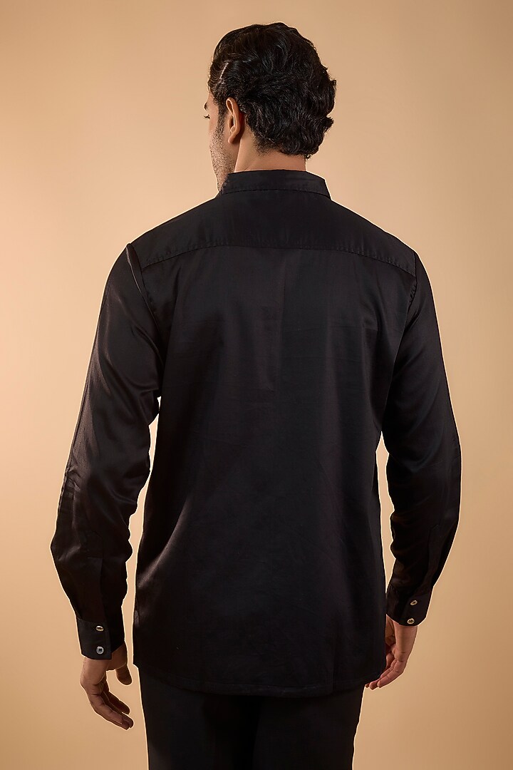 Black Cotton Satin Hand Work Party Wear Shirt by Spring Break Men at Pernia's Pop Up Shop