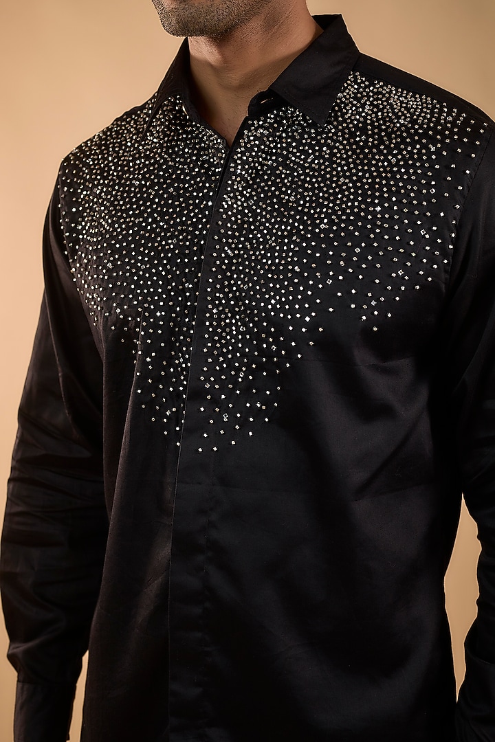 Black Cotton Satin Hand Work Party Wear Shirt by Spring Break Men at Pernia's Pop Up Shop