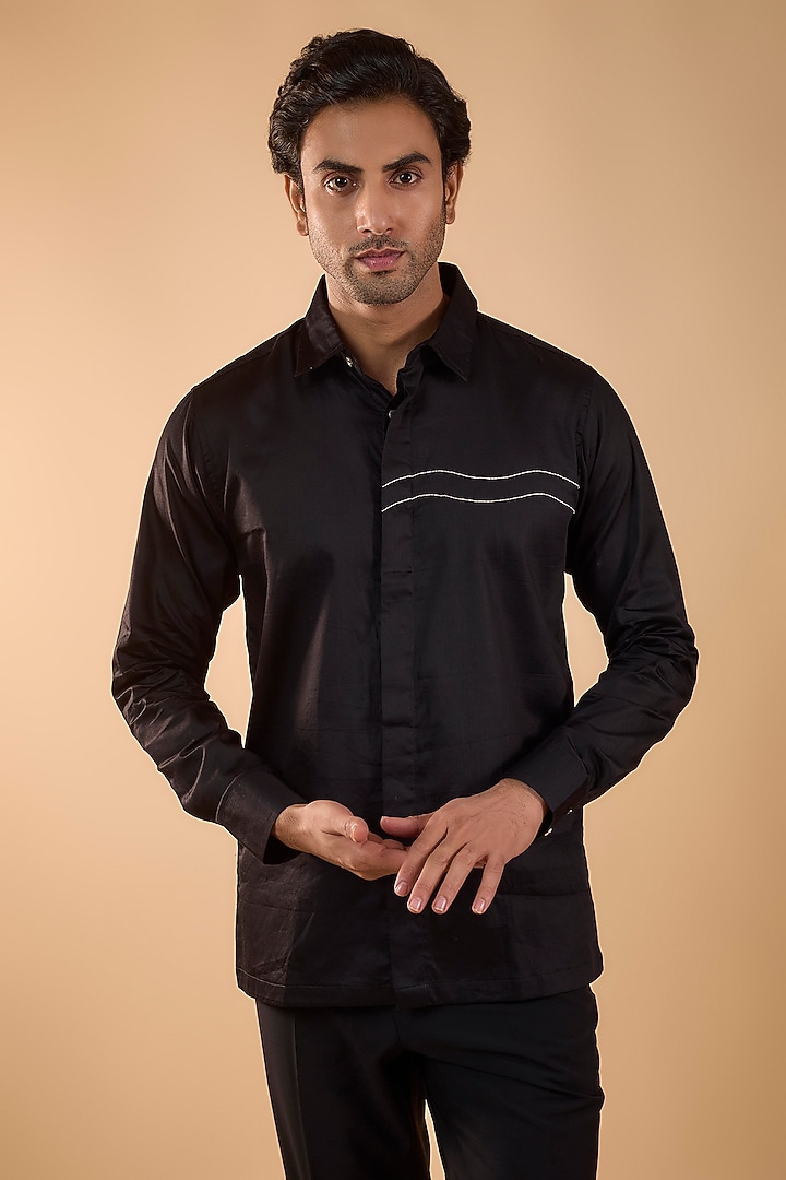 Black Cotton Satin Hand Work Party Wear Shirt by Spring Break Men at Pernia's Pop Up Shop
