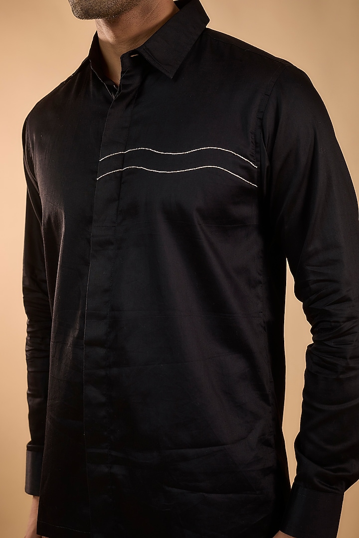 Black Cotton Satin Hand Work Party Wear Shirt by Spring Break Men at Pernia's Pop Up Shop