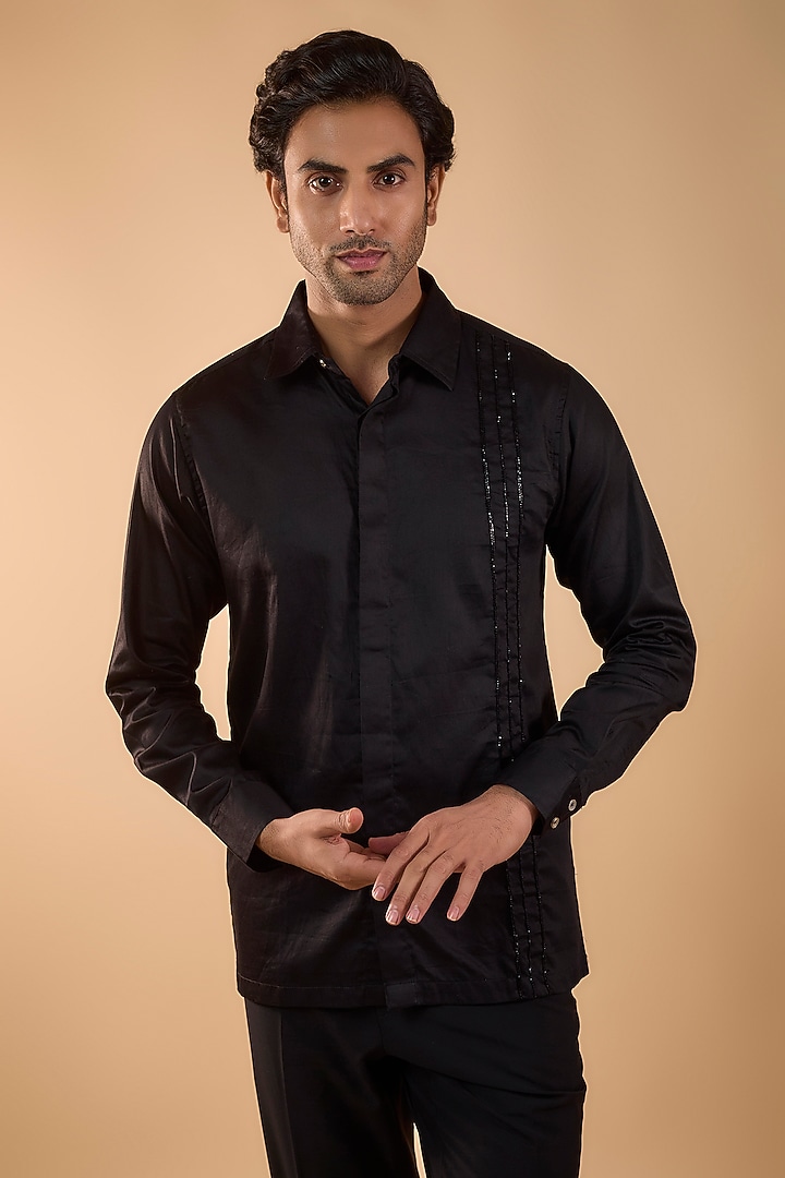 Black Cotton Satin Embroidered Party Wear Shirt by Spring Break Men at Pernia's Pop Up Shop