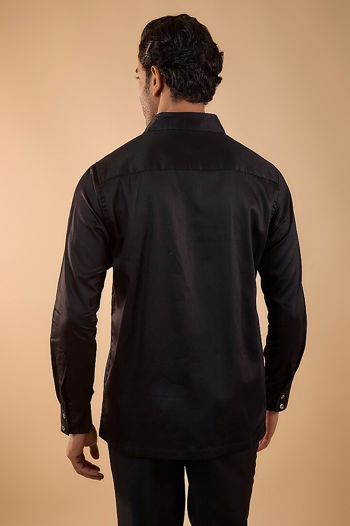 Black Cotton Satin Embroidered Party Wear Shirt by Spring Break Men at Pernia's Pop Up Shop