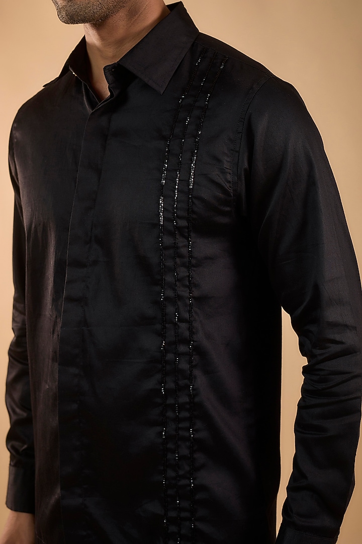 Black Cotton Satin Embroidered Party Wear Shirt by Spring Break Men at Pernia's Pop Up Shop