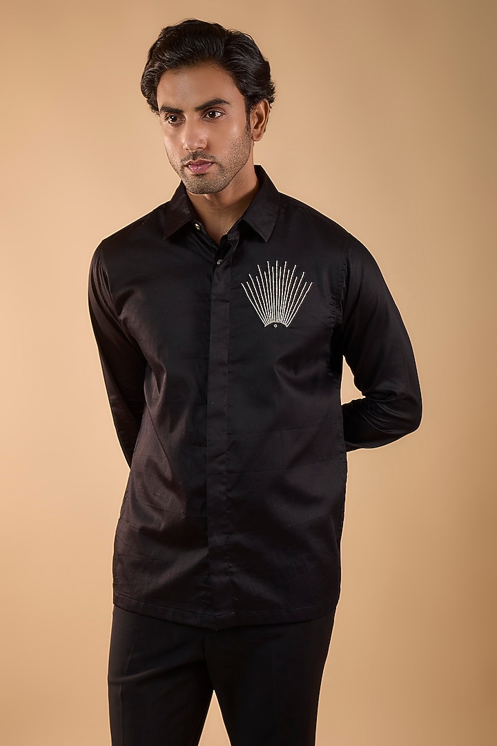 Black Cotton Satin Hand Work Party Wear Shirt by Spring Break Men at Pernia's Pop Up Shop