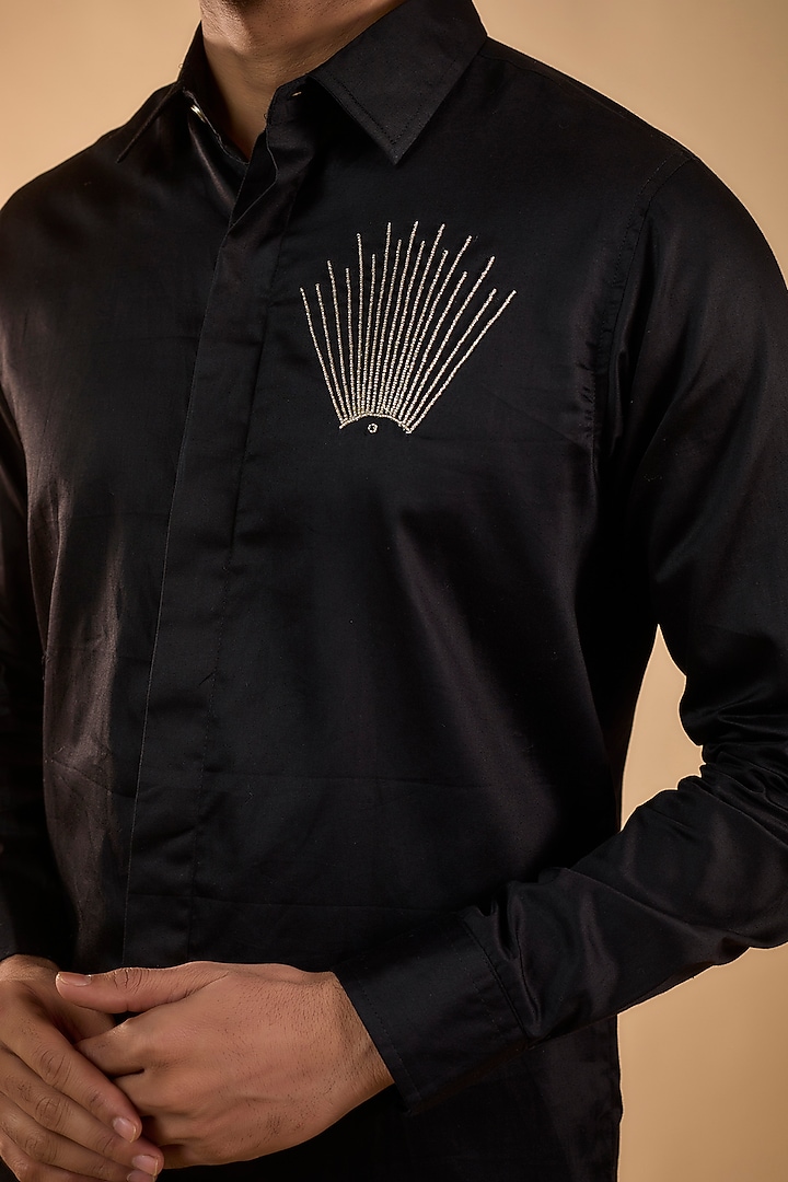 Black Cotton Satin Hand Work Party Wear Shirt by Spring Break Men at Pernia's Pop Up Shop