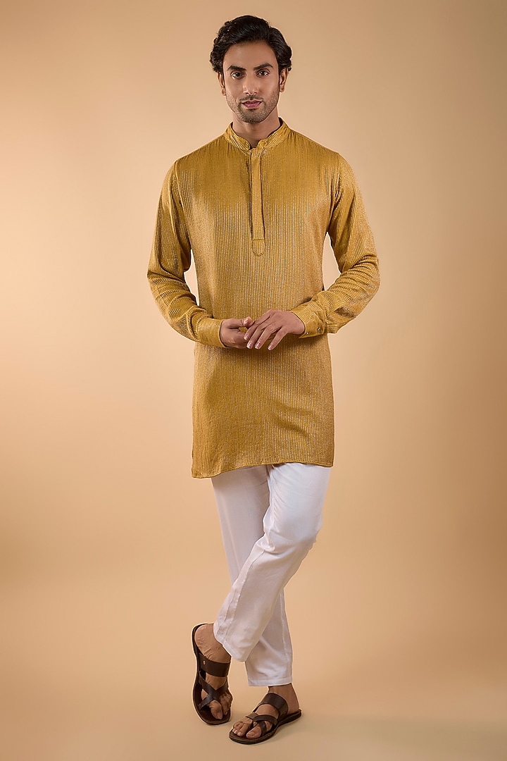 Mustard Yellow Blended Silk Embroidered Kurta Set by Spring Break Men at Pernia's Pop Up Shop