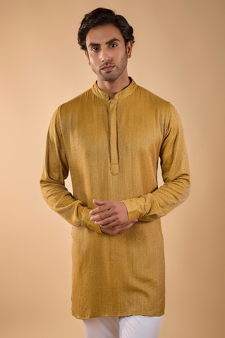 Mustard Yellow Blended Silk Embroidered Kurta Set by Spring Break Men at Pernia's Pop Up Shop