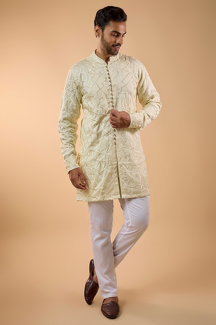 Ivory Blended Silk Embroidered Kurta Set by Spring Break Men at Pernia's Pop Up Shop