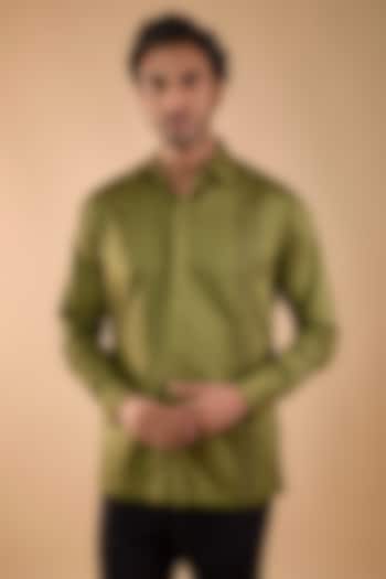 Olive Green Cotton Satin Hand Embroidered Party Wear Shirt by Spring Break Men at Pernia's Pop Up Shop