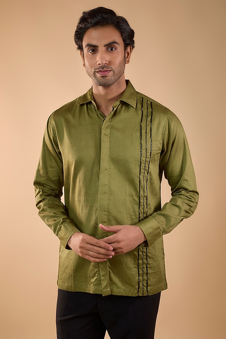 Olive Green Cotton Satin Hand Embroidered Party Wear Shirt by Spring Break Men at Pernia's Pop Up Shop