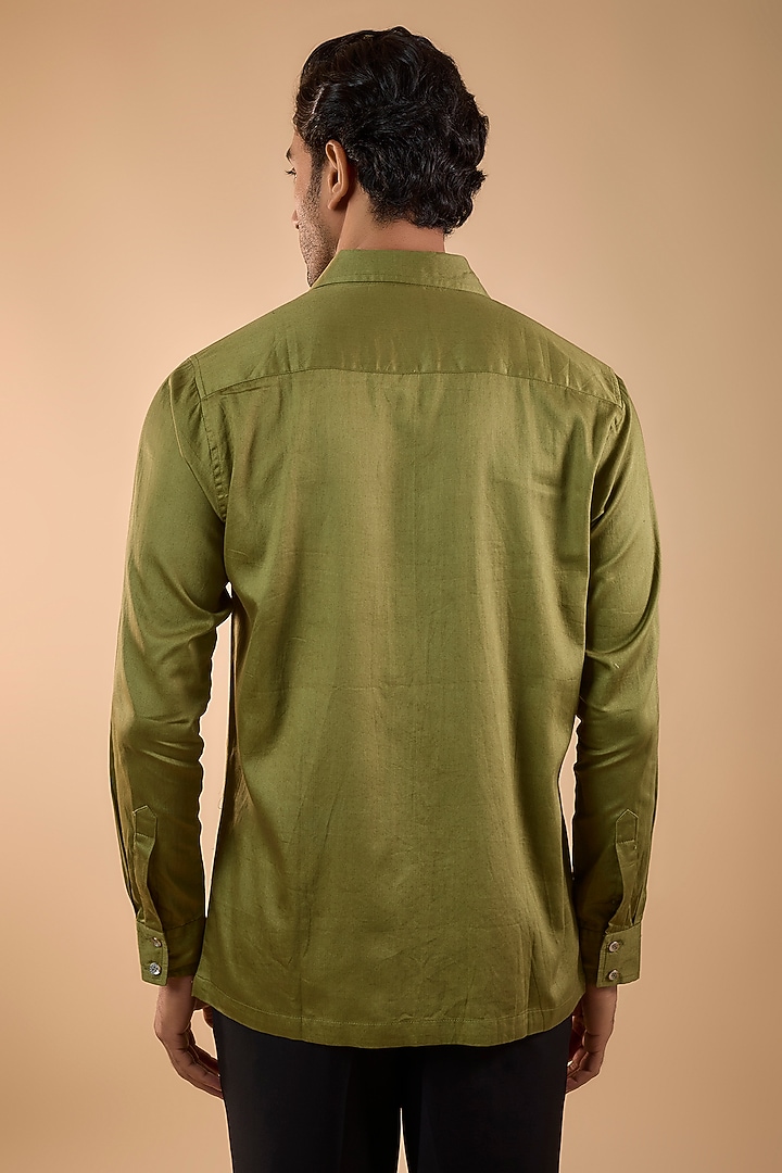 Olive Green Cotton Satin Hand Embroidered Party Wear Shirt by Spring Break Men at Pernia's Pop Up Shop