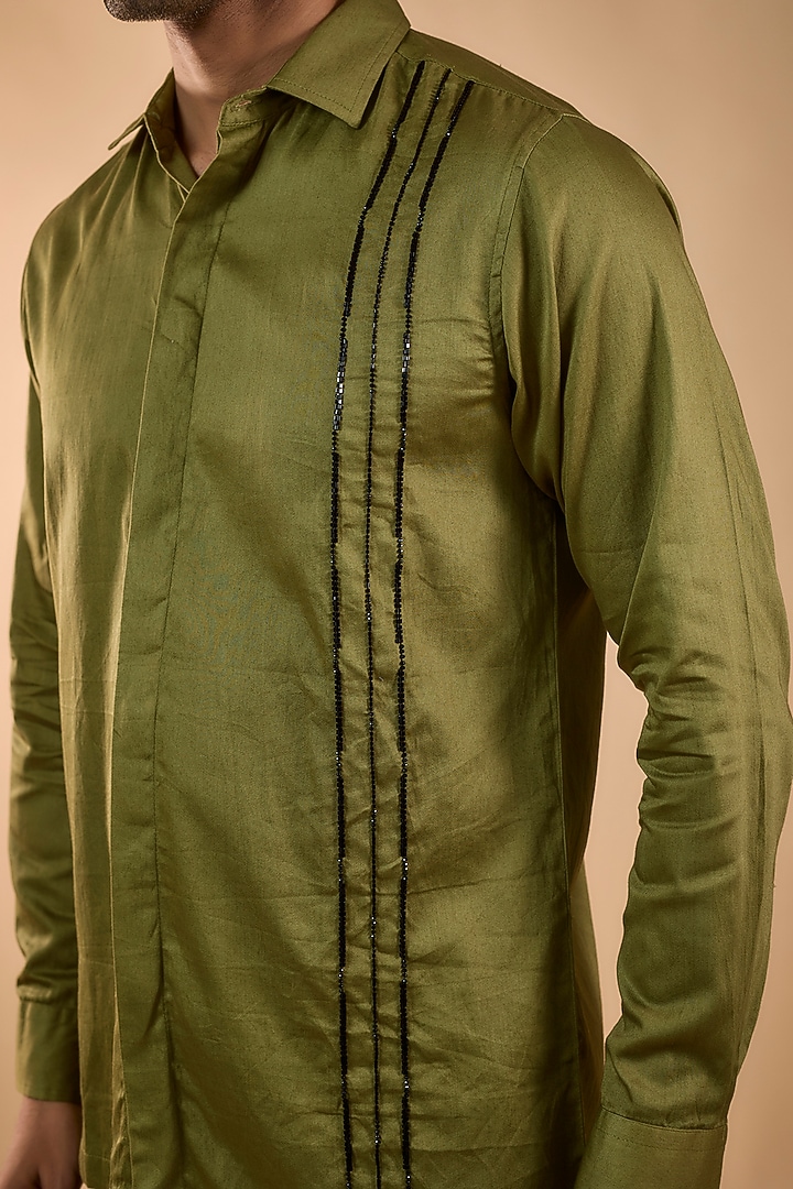 Olive Green Cotton Satin Hand Embroidered Party Wear Shirt by Spring Break Men at Pernia's Pop Up Shop