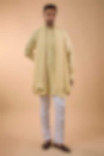 Pale Yellow Blended Silk Embroidered Kurta Set by Spring Break Men at Pernia's Pop Up Shop
