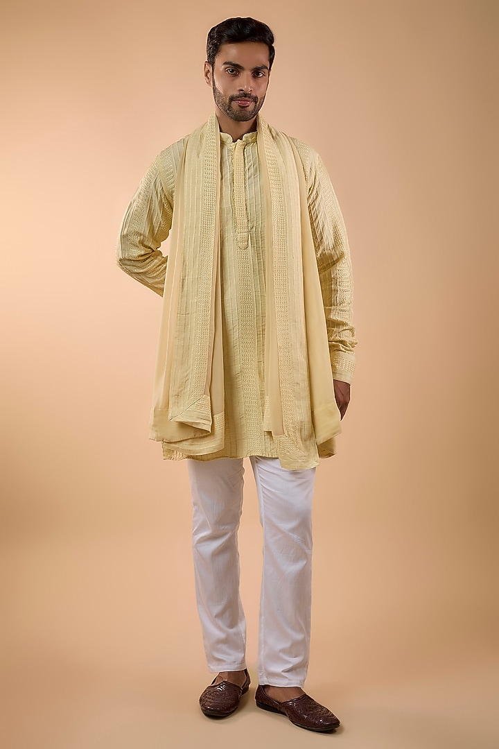 Pale Yellow Blended Silk Embroidered Kurta Set by Spring Break Men at Pernia's Pop Up Shop