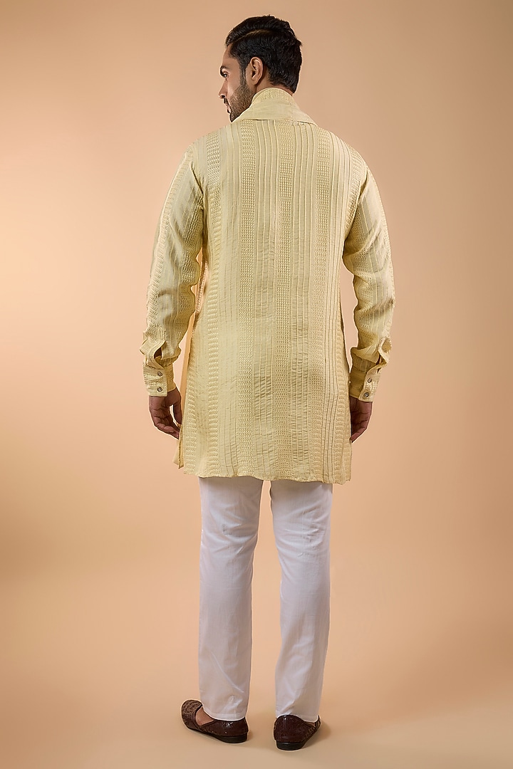 Pale Yellow Blended Silk Embroidered Kurta Set by Spring Break Men at Pernia's Pop Up Shop