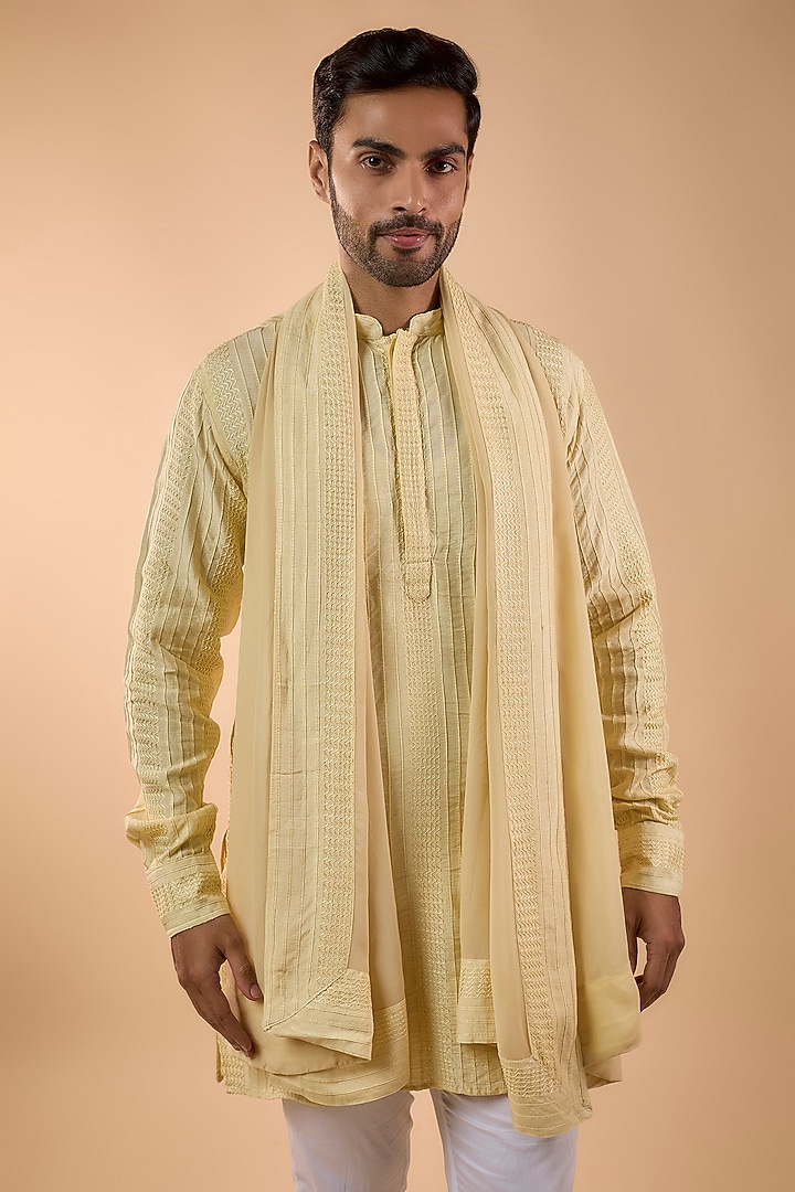 Pale Yellow Blended Silk Embroidered Kurta Set by Spring Break Men at Pernia's Pop Up Shop