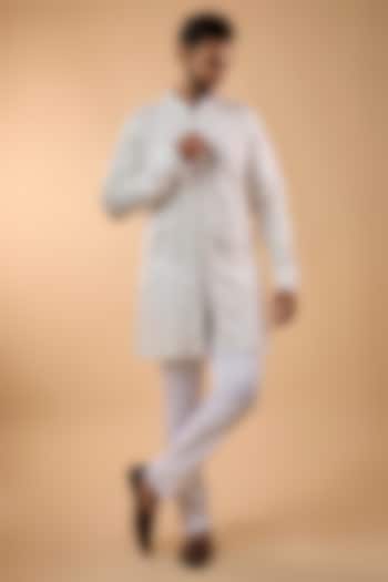 White Blended Silk Embroidered Kurta Set by Spring Break Men at Pernia's Pop Up Shop