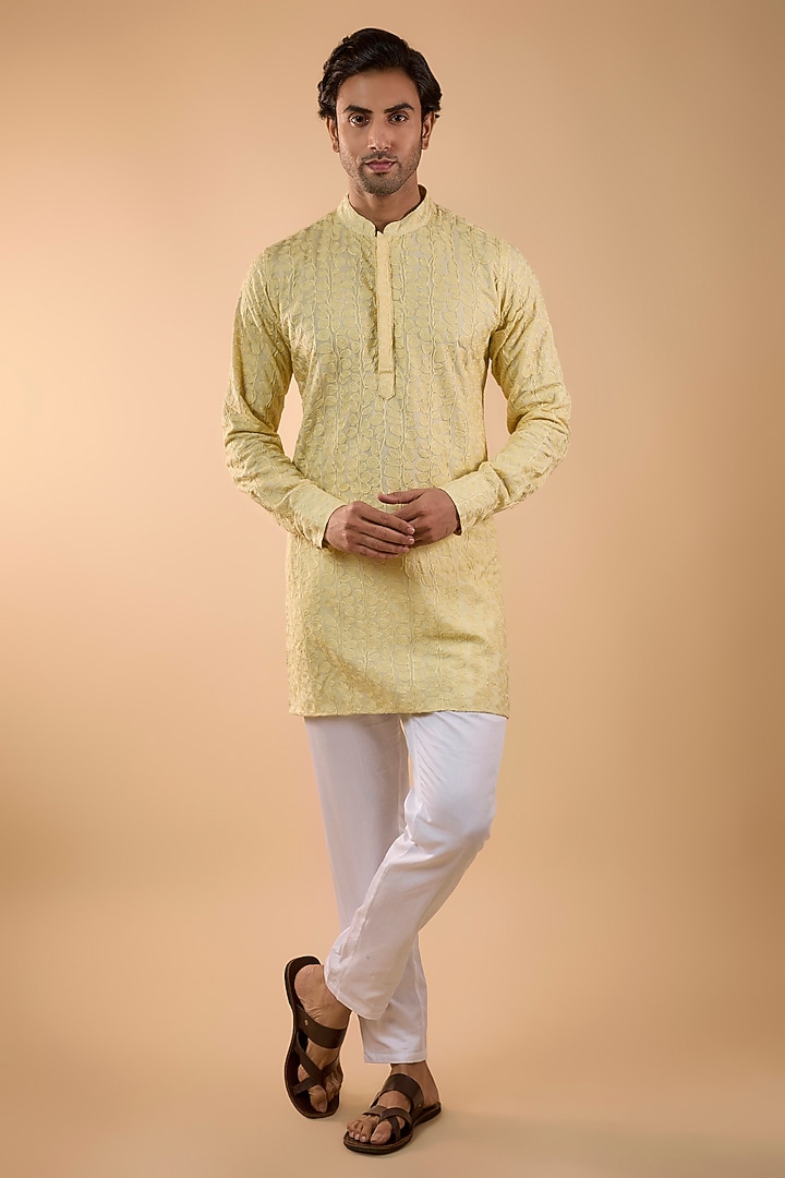 Yellow Blended Silk Embroidered Kurta Set by Spring Break Men at Pernia's Pop Up Shop
