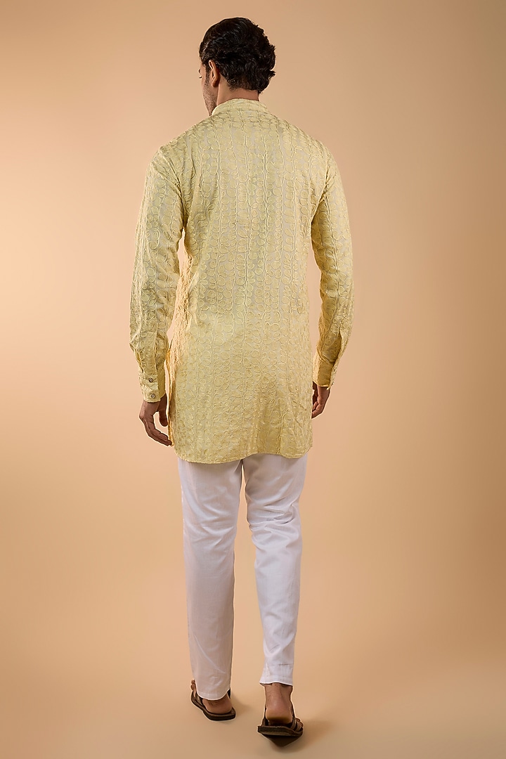 Yellow Blended Silk Embroidered Kurta Set by Spring Break Men at Pernia's Pop Up Shop