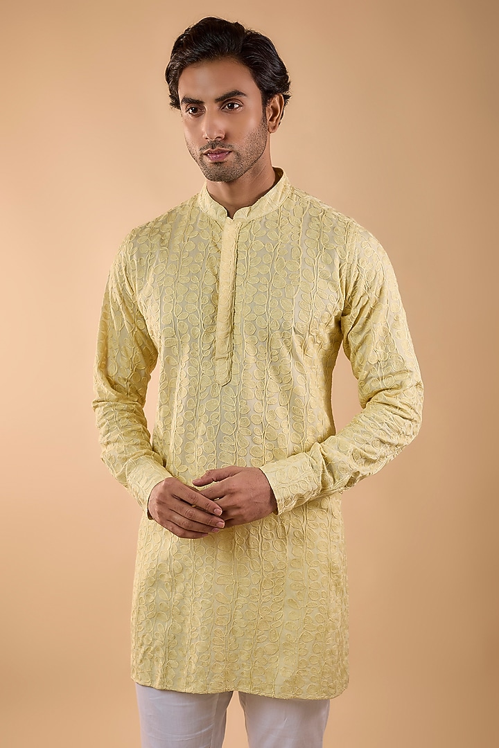 Yellow Blended Silk Embroidered Kurta Set by Spring Break Men at Pernia's Pop Up Shop