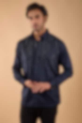 Navy Blue Cotton Satin Hand Embroidered Party Wear Shirt by Spring Break Men at Pernia's Pop Up Shop