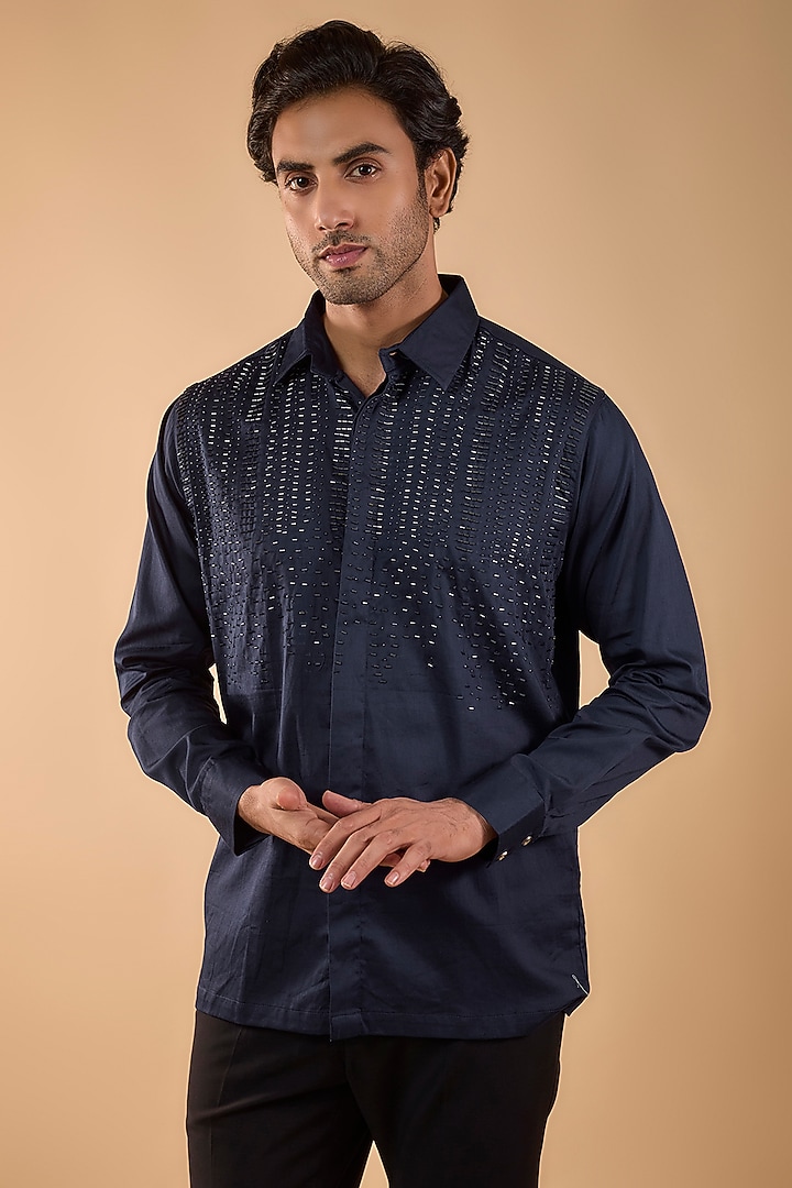 Navy Blue Cotton Satin Hand Embroidered Party Wear Shirt by Spring Break Men at Pernia's Pop Up Shop