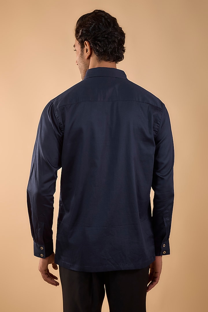 Navy Blue Cotton Satin Hand Embroidered Party Wear Shirt by Spring Break Men at Pernia's Pop Up Shop