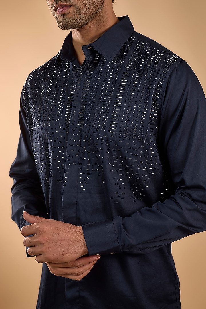 Navy Blue Cotton Satin Hand Embroidered Party Wear Shirt by Spring Break Men at Pernia's Pop Up Shop