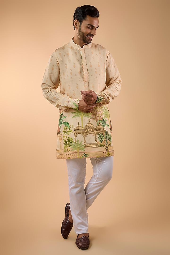 Beige Blended Silk Printed Kurta Set by Spring Break Men at Pernia's Pop Up Shop