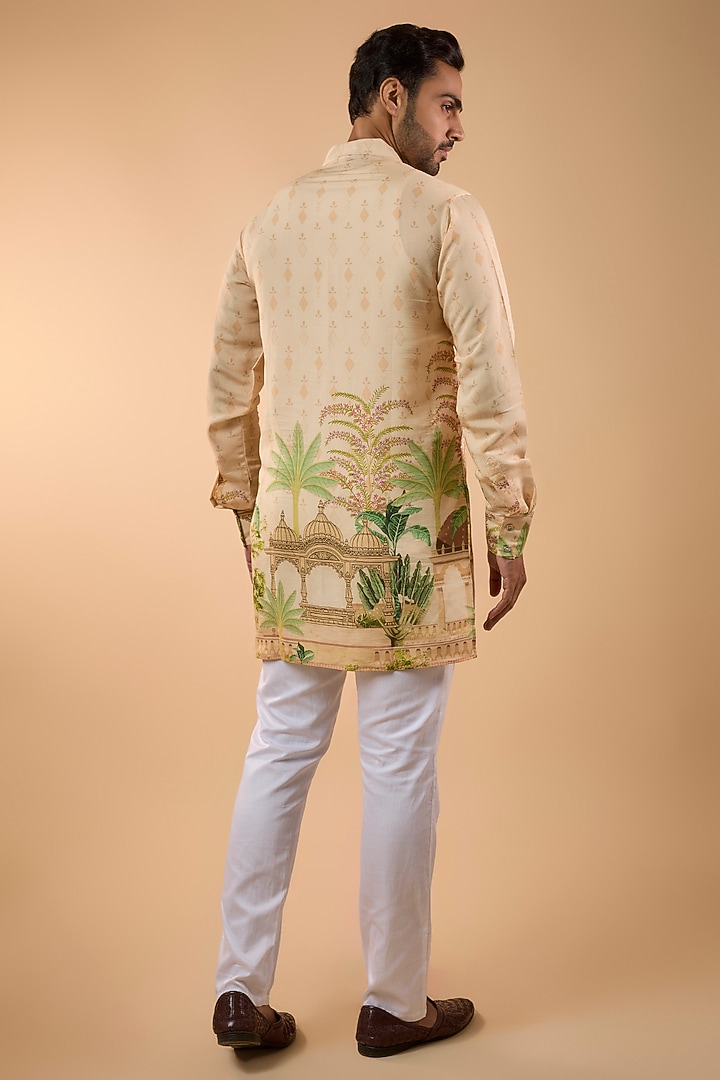 Beige Blended Silk Printed Kurta Set by Spring Break Men at Pernia's Pop Up Shop