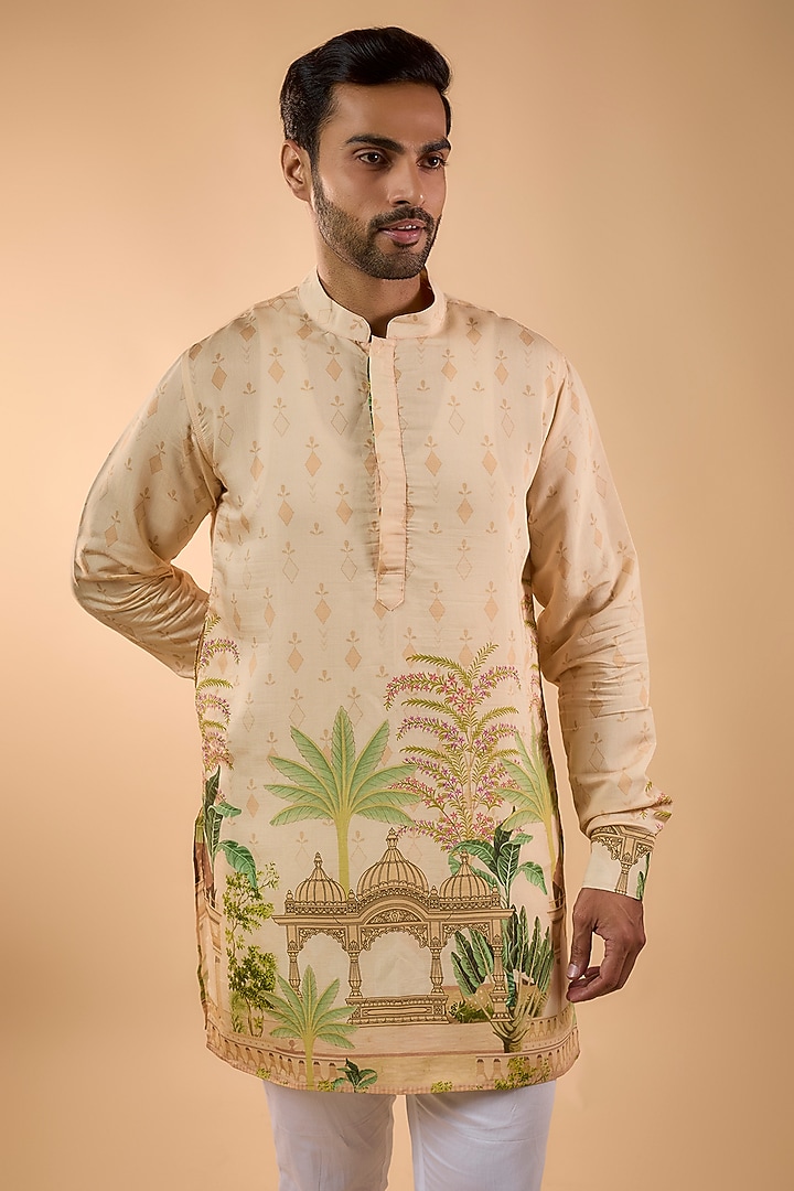 Beige Blended Silk Printed Kurta Set by Spring Break Men at Pernia's Pop Up Shop