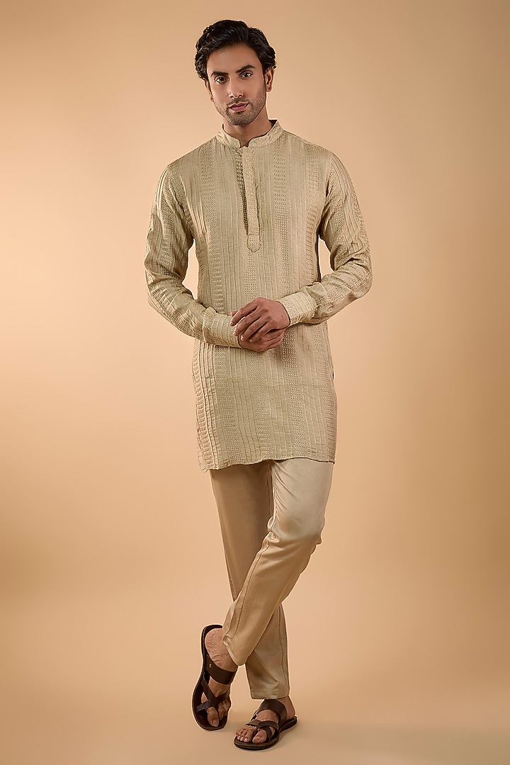 Beige Blended Silk Embroidered Kurta Set by Spring Break Men at Pernia's Pop Up Shop