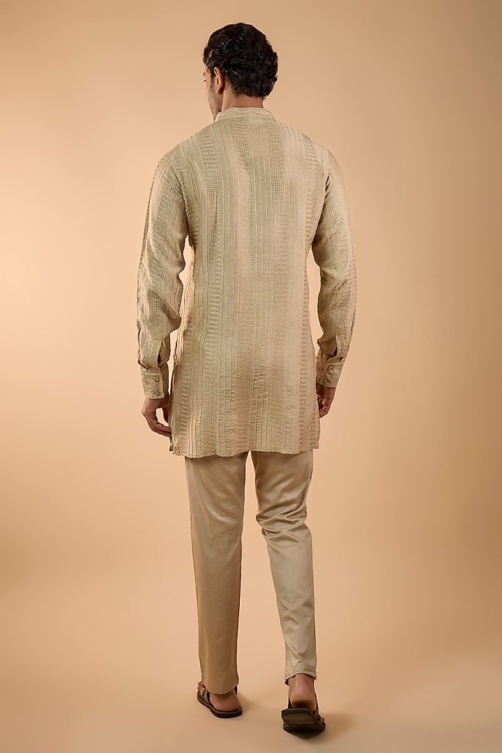 Beige Blended Silk Embroidered Kurta Set by Spring Break Men at Pernia's Pop Up Shop