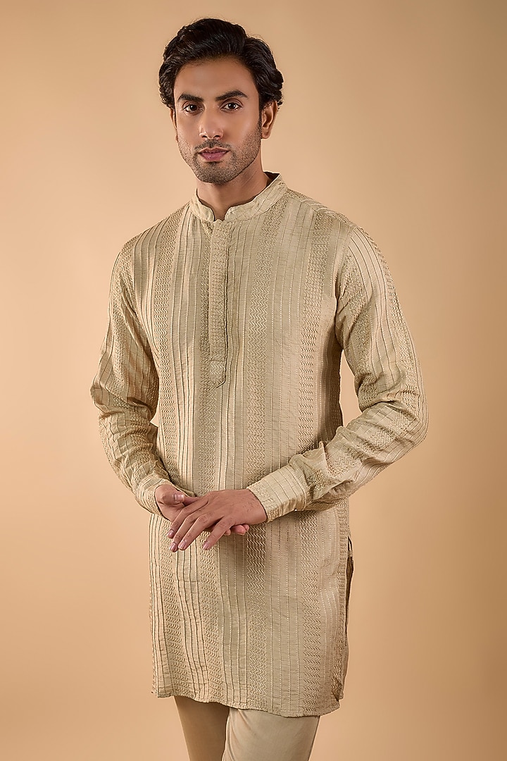 Beige Blended Silk Embroidered Kurta Set by Spring Break Men at Pernia's Pop Up Shop
