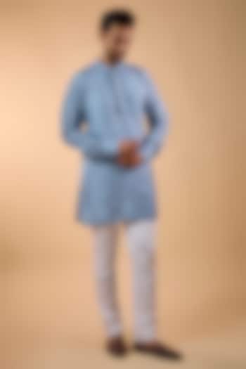 Sky Blue Blended Silk Embroidered Kurta Set by Spring Break Men at Pernia's Pop Up Shop