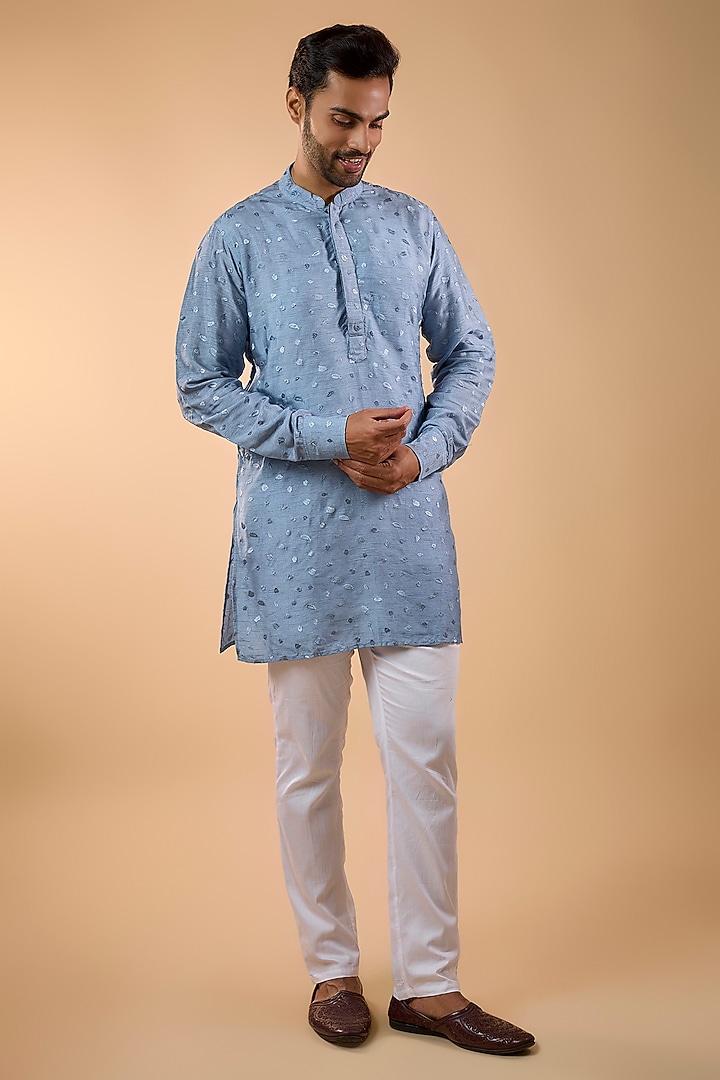Sky Blue Blended Silk Embroidered Kurta Set by Spring Break Men at Pernia's Pop Up Shop