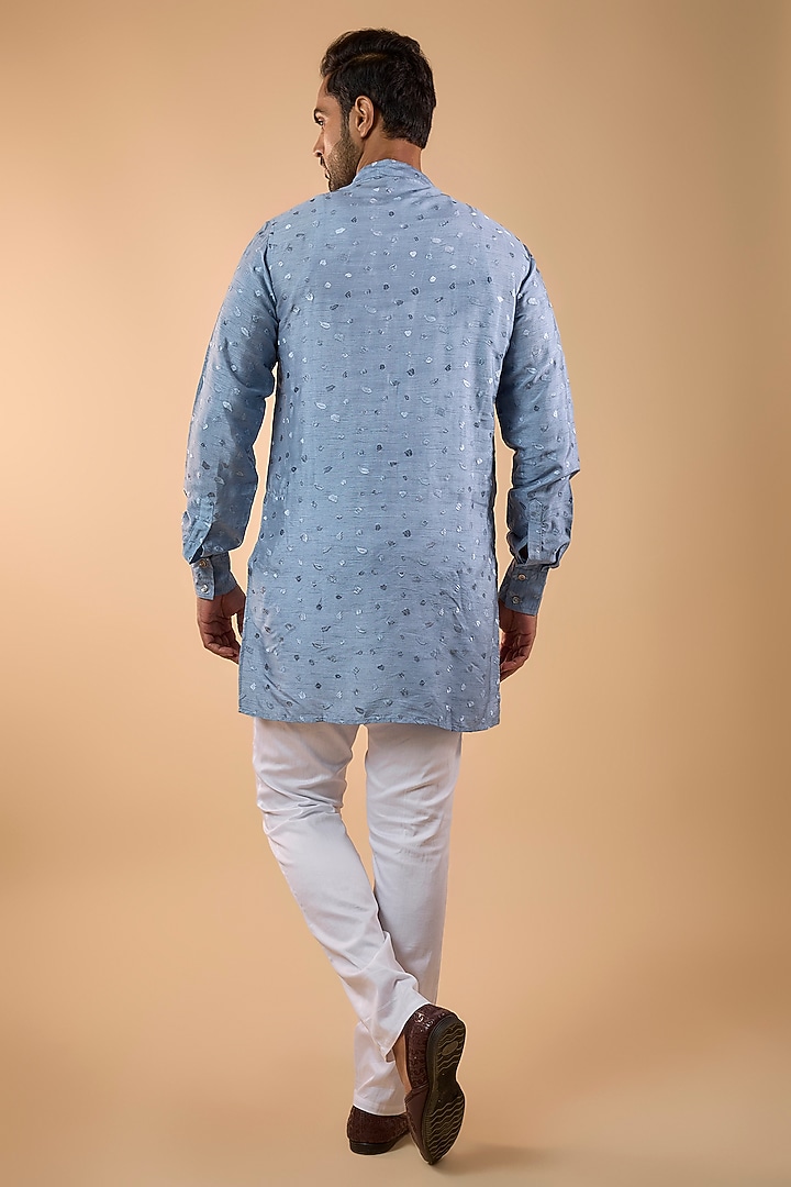 Sky Blue Blended Silk Embroidered Kurta Set by Spring Break Men at Pernia's Pop Up Shop