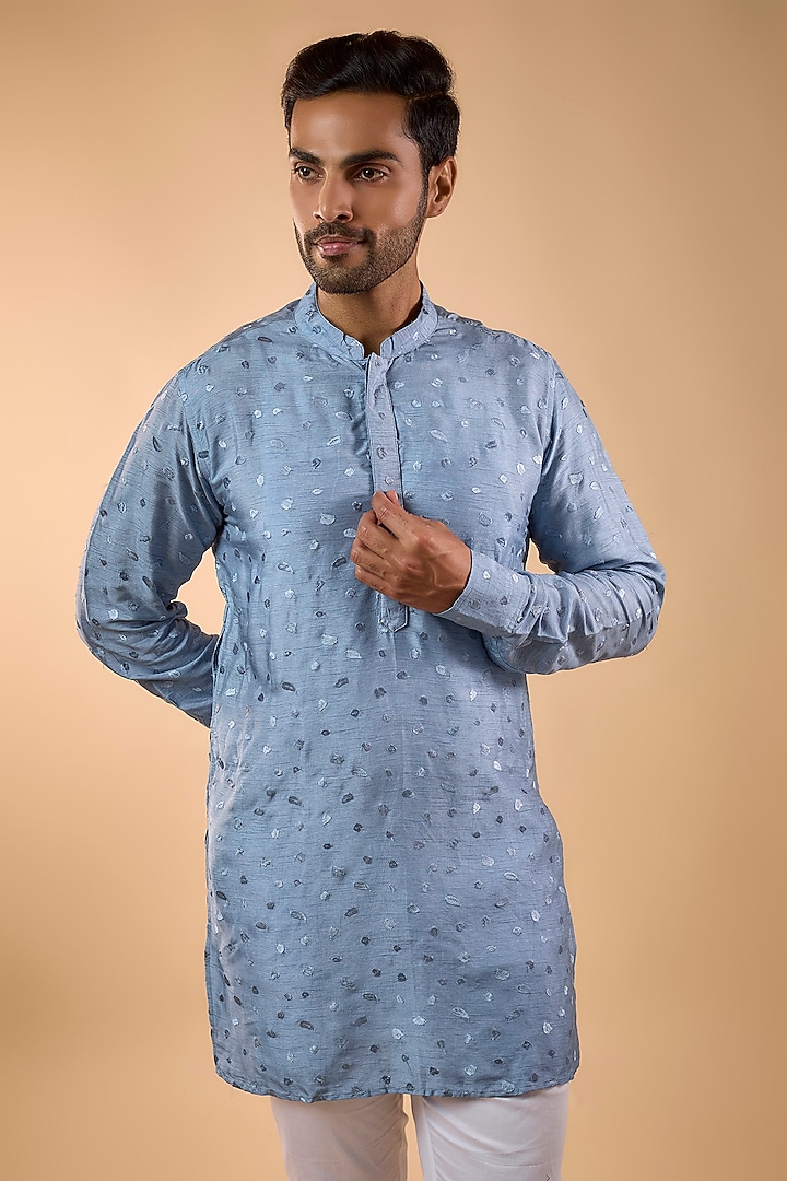 Sky Blue Blended Silk Embroidered Kurta Set by Spring Break Men at Pernia's Pop Up Shop
